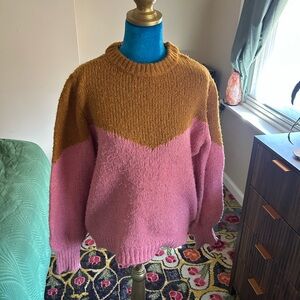 Vero Moda Pink and Mustard Colorblock Crew Neck Sweater